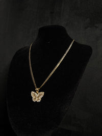 14K Butterfly Pendant With Cubana Style Chain Yellow Gold