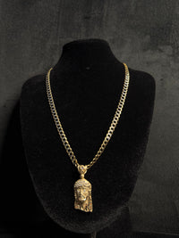 14K Jesus Face Pendant With Cubana Style Chain Yellow Gold